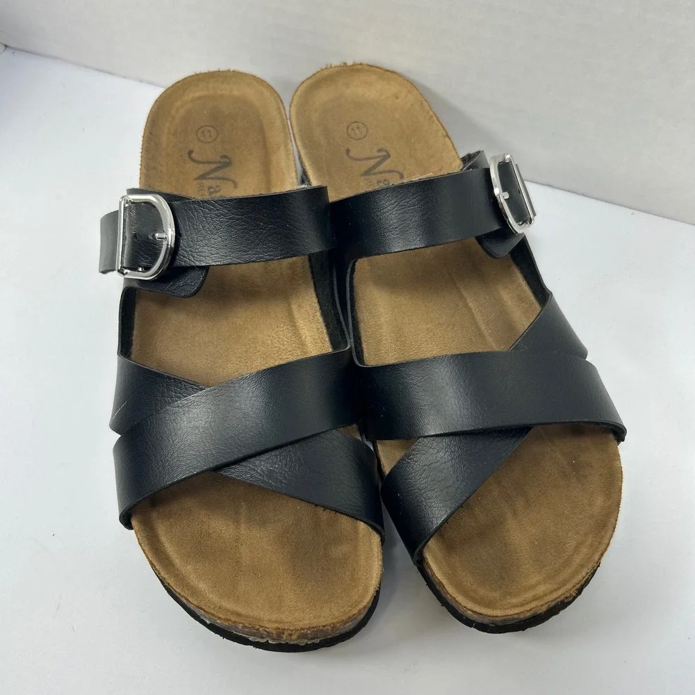 Earthy Black Double Buckle Cork Wedge Slides Gorpcore Coastal Granola 11